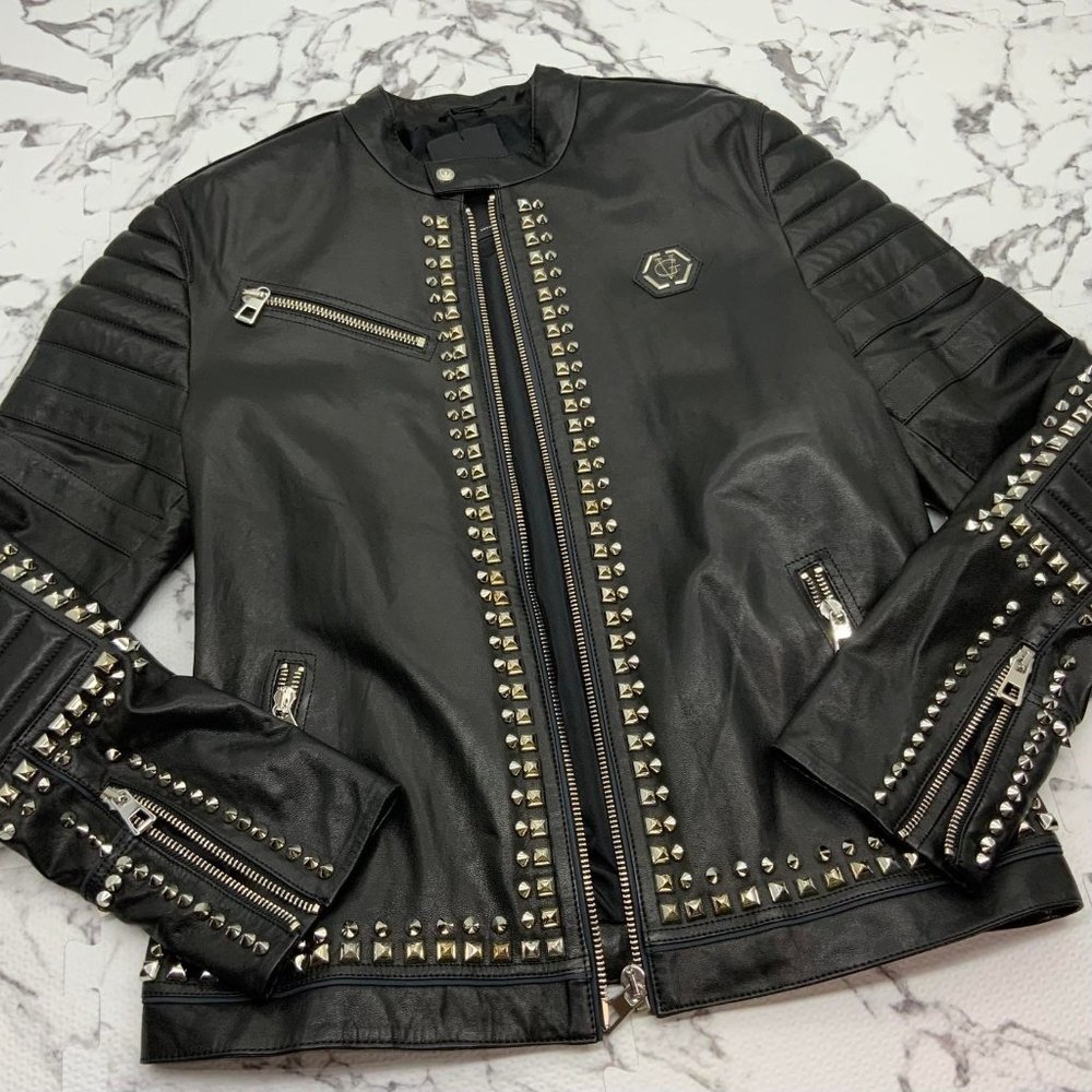 Men's Black Silver Motorcycle Lambskin Genuine Leather Jacket
